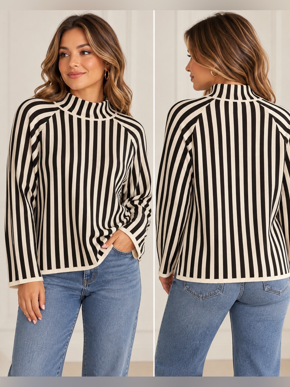 b.young Striped Viscose sweater in Black & White Large